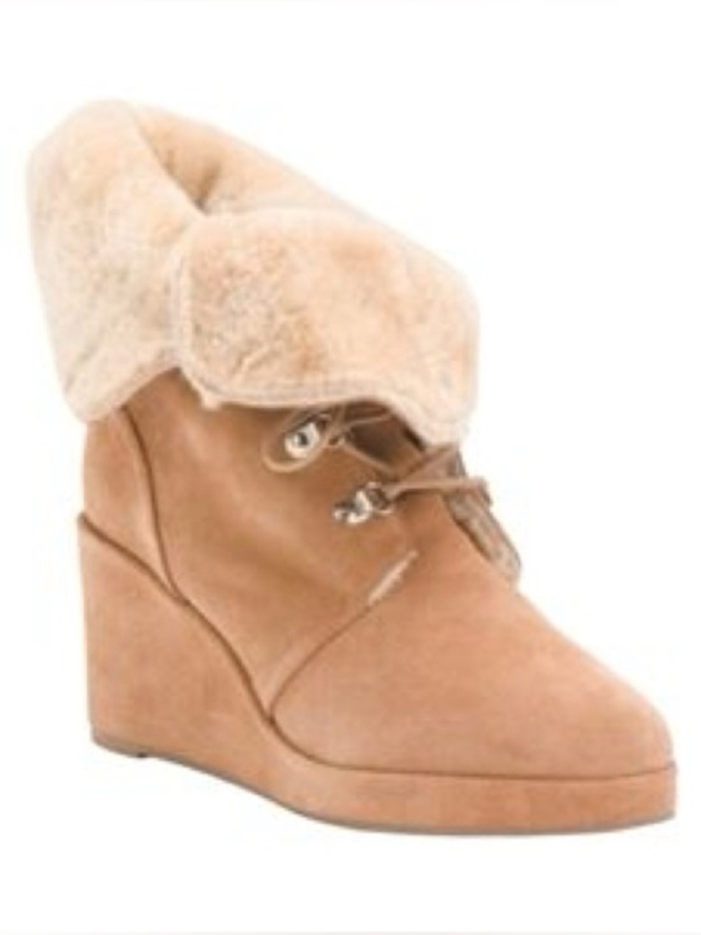 Aquatalia Shearling Lined Suede Wedge Ankle Boots Tan Size 9 Made in Italy